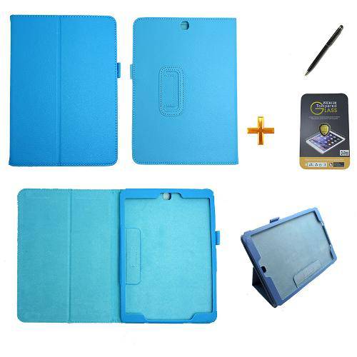Kit Capa para Galaxy Tab S2 9.7 T810/T815 Carteira + Película de Vidro + Caneta Touch (Azul)