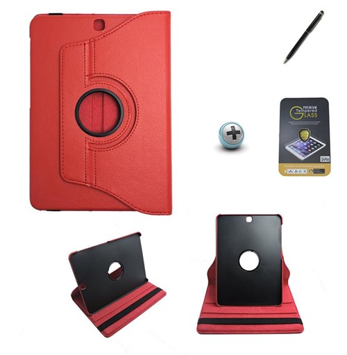 Kit Capa para Galaxy Tab S2 9.7 T810/T815 Giratória 360 + Película de Vidro + Caneta Touch (Vermelho)