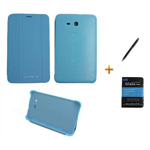 Kit Capa Smart Book Case Galaxy Tab 3 Lite T110/T111 / Caneta Touch + Película de Vidro (Azul)