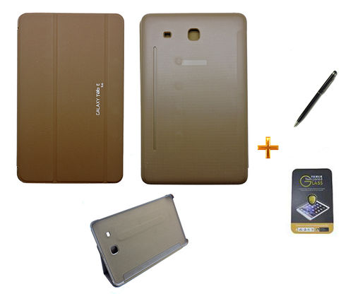 Kit Capa Smart Book Galaxy Tab e - 9.6´ T560/T561 + Película de Vidro + Caneta Touch (Marrom)