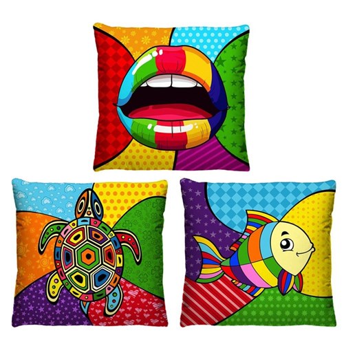 Kit 3 Capas de Almofadas Decorativas Pop Art Coloridas 40Cm
