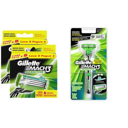 Tudo sobre 'Kit Carga Gillette Mach3 Sensitive com 16 Unidades + 1 Aparelho de Barbear Gillette Mach3 Sensitive'
