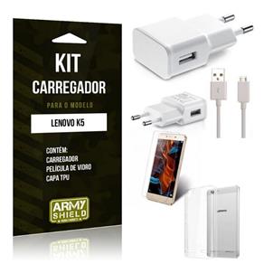 Kit Carregador Lenovo K5 Película de Vidro + Capa Tpu + Carregador -Armyshield