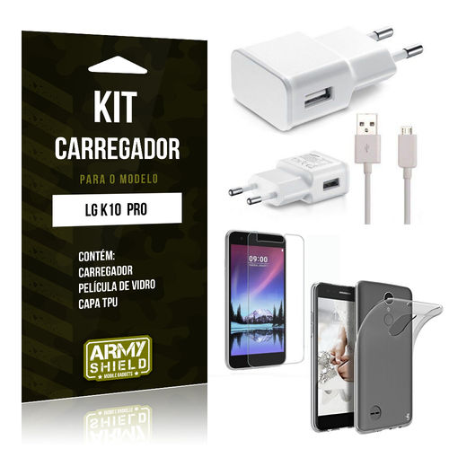 Kit Carregador Lg K10 Pro Película de Vidro + Tpu + Carregador - Armyshield