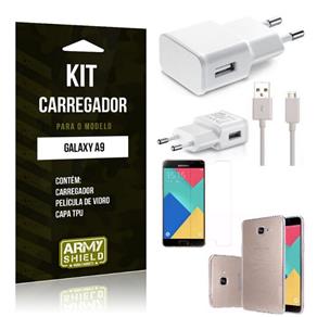 Kit Carregador Samsung A9 Película de Vidro + Capa Tpu + Carregador -Armyshield