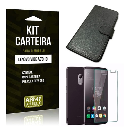 Kit Carteira Lenovo A7010 Vibe Película De Vidro + Capa Carteira -Armyshield