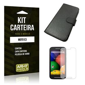 Kit Carteira Motorola Moto E3 Película de Vidro + Capa Carteira -ArmyShield