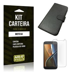 Kit Carteira Motorola Moto G4 Película de Vidro + Capa Carteira -ArmyShield