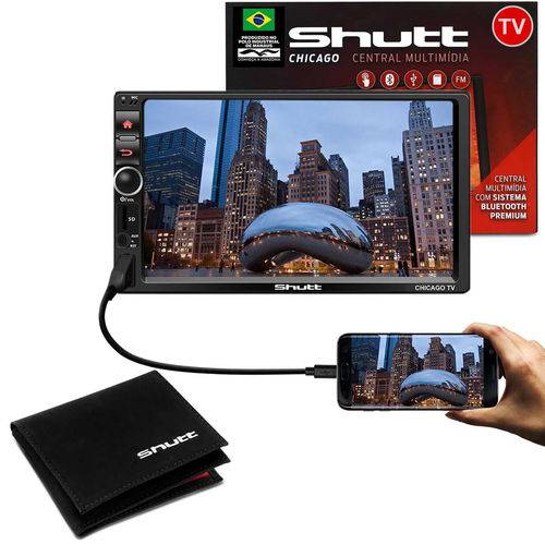 Kit Central Multimídia Shutt Chicago Tv 7 Pol Bluetooth Tv Digital USB + Carteira Masculina Couro