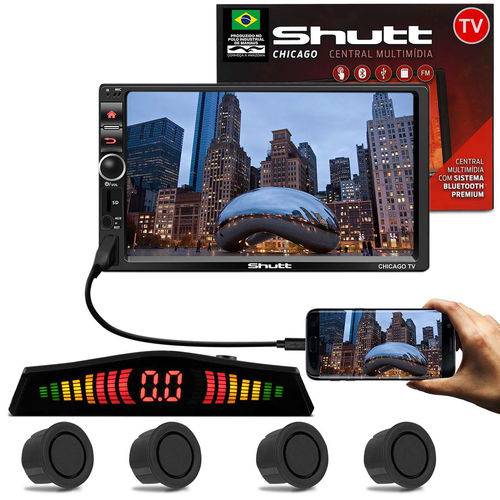 Tudo sobre 'Kit Central Multimídia Shutt Chicago Tv 7 Pol Bluetooth Tv Digital USB + Sensor Ré 4 Pontos Grafite'