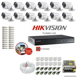 Kit CFTV 12 Câmeras Hikvision DVR 16 Canais DS-7216 Acessórios