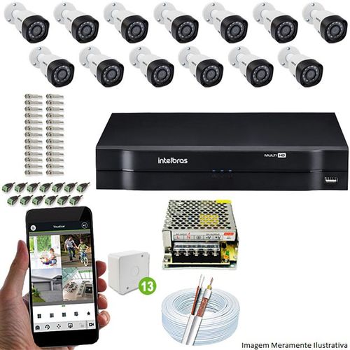 Kit Cftv 13 Câmeras Vhd 3130b 720p 3,6mm Dvr Intelbras Mhdx 1016 + Acessórios