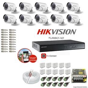 Kit CFTV 10 Câmeras Hikvision DVR 16 Canais DS-7216 Acessórios