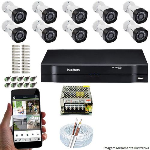 Kit Cftv 10 Câmeras Vhd 3120b 720p 2,6mm Dvr Intelbras Mhdx 1016 + Acessorios