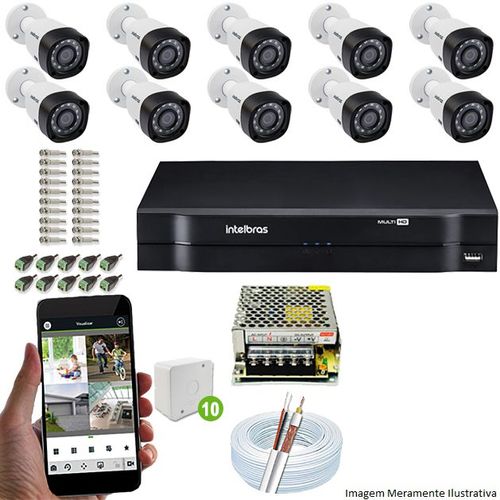 Kit Cftv 10 Câmeras Vhd 3130b 720p 3,6mm Dvr Intelbras Mhdx 1016 + Acessórios