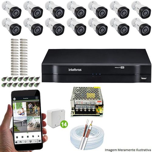 Kit Cftv 14 Câmeras Vhd 3130b 720p 3,6mm Dvr Intelbras Mhdx 1016 + Acessórios