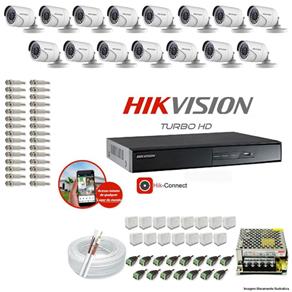 Kit CFTV 15 Câmeras Hikvision DVR 16 Canais DS-7216 Acessórios