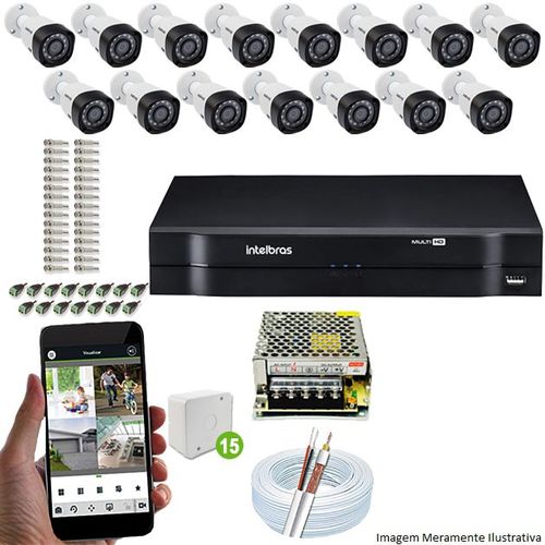 Kit Cftv 15 Câmeras Vhd 3130b 720p 3,6mm Dvr Intelbras Mhdx 1016 + Acessórios