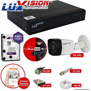 Kit Cftv 16 Câmeras Luxvision 720p Dvr 16 Canais Luxvision ECD 5 em 1 + HD WDP 1TB