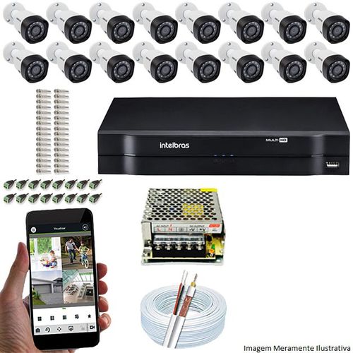 Kit Cftv 16 Câmeras Vhd 3120b 720p 2,6mm Dvr Intelbras Mhdx 1016 + Acessorios