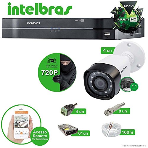 Kit Cftv 4 Câmeras VHD 1010B Bullet 720p Dvr 8 Canais Intelbras MHDX + CABO