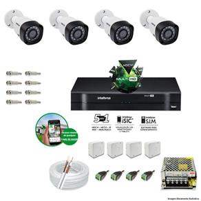 Kit CFTV 4 Câmeras VHD 3130B 720P 3,6mm DVR Intelbras MHDX 1004 + ACESSORIOS