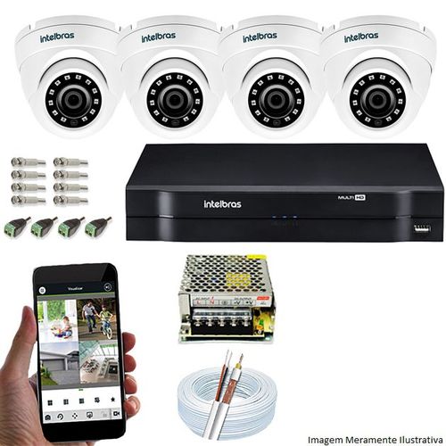 Kit Cftv 4 Câmeras Vhd 3120d 720p 2,8mm Dvr Intelbras Mhdx 1008 + Acessorios