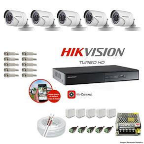 Kit CFTV 5 Câmeras Hikvision DVR 8 Canais DS-7208 Acessórios