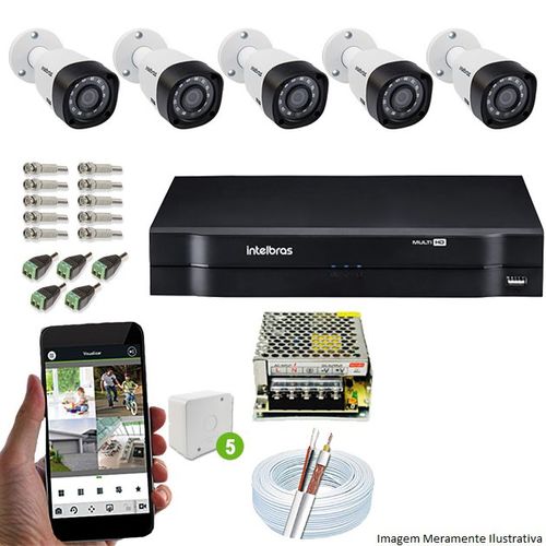 Kit Cftv 5 Câmeras Vhd 3130b 720p 3,6mm Dvr Intelbras Mhdx 1008 + Acessorios