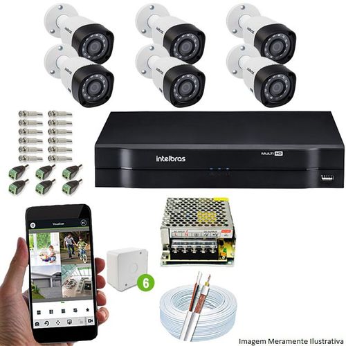 Kit Cftv 6 Câmeras Vhd 3130b 720p 3,6mm Dvr Intelbras Mhdx 1008 + Acessorios