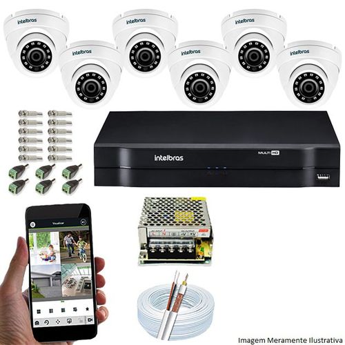 Kit Cftv 6 Câmeras Vhd 3120d 720p 2,8mm Dvr Intelbras Mhdx 1008 + Acessorios