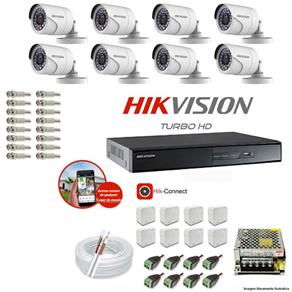 Kit CFTV 8 Câmeras Hikvision DVR 8 Canais DS-7208 Acessórios