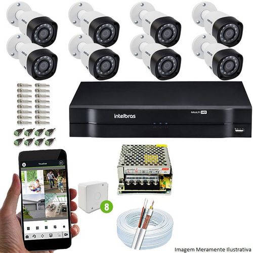 Kit Cftv 8 Câmeras Vhd 3130b 720p 3,6mm Dvr Intelbras Mhdx 1008 + Acessórios