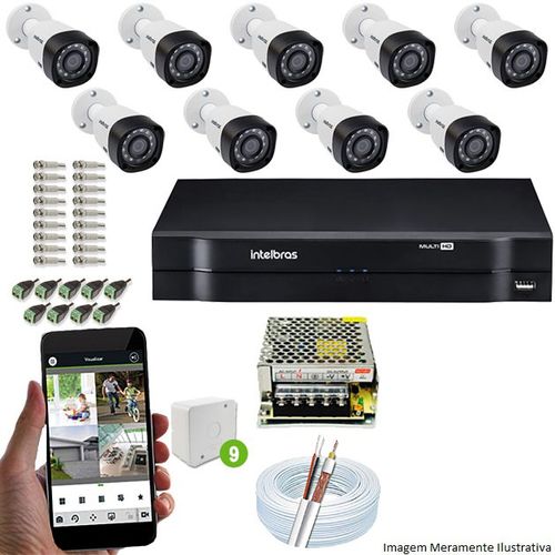 Kit Cftv 9 Câmeras Vhd 3130b 720p 3,6mm Dvr Intelbras Mhdx 1016 + Acessórios