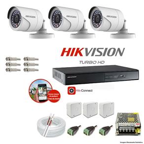 Kit CFTV 3 Câmeras Hikvision DVR 4 Canais DS-7204 Acessórios