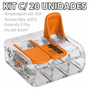 Kit com 20 Conector Emenda 3 Fios Mod 221-413