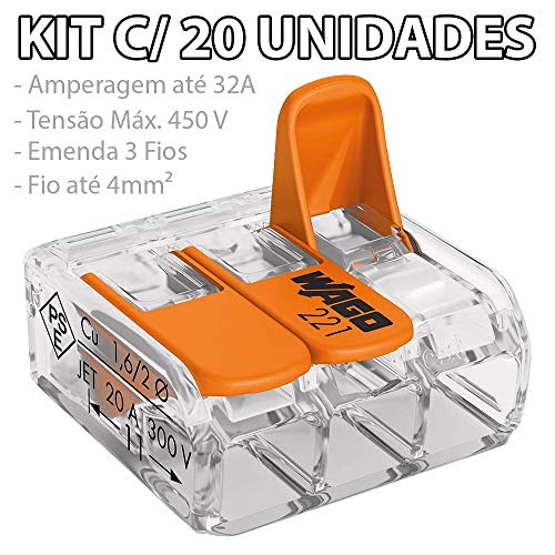Kit com 20 Conector Wago Emenda 3 Fios Mod 221-413