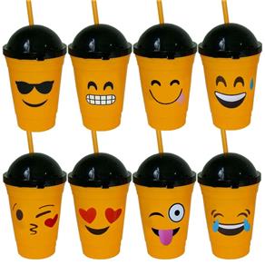 Kit com 12 Copos de Plástico Emoticons Emoji Tampa e Canudo