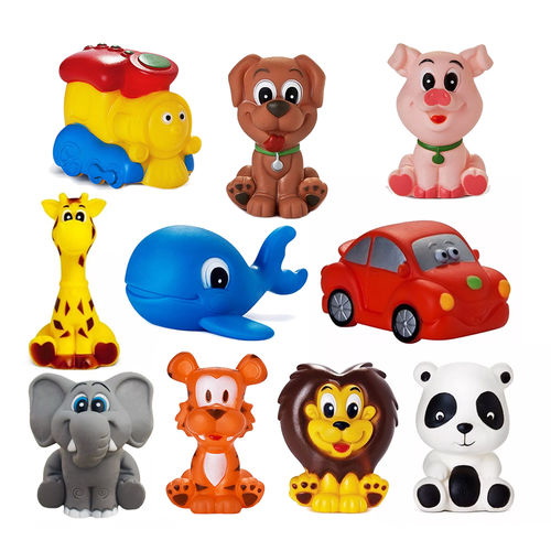 Kit com 10 Brinquedos de Vinil para Bebê Maralex - Elefante, Girafa, Tigre, Leão, Porco, Baleia, Panda, Cachorro, Carro e Trem