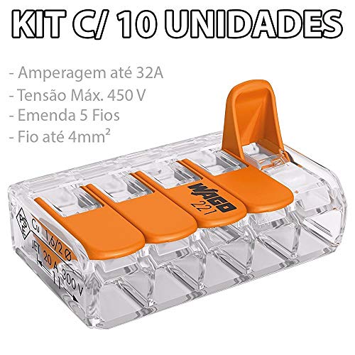 Kit com 10 Conector Wago Emenda 5 Fios Mod 221-415