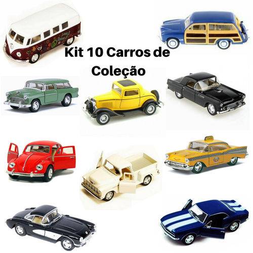 Kit com 10 Miniatura Carro de Coleção de Ferro a Fricção 12 Cm Comprimento Kinsmart Clássicos Antigo
