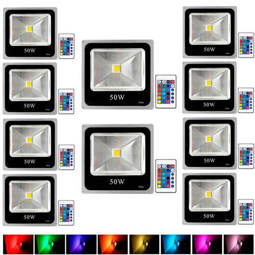 Kit com 10 Peças - Holofote Refletor Super LED 50w RGB - a Prova D'água + Controle Remoto