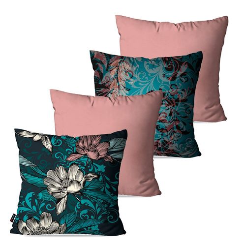 Kit com 4 Almofadas Decorativas Rosa Flores