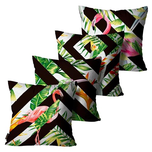 Kit com 4 Capas para Almofadas Premium Peluciada Mdecore Flamingo Colorido 45x45cm