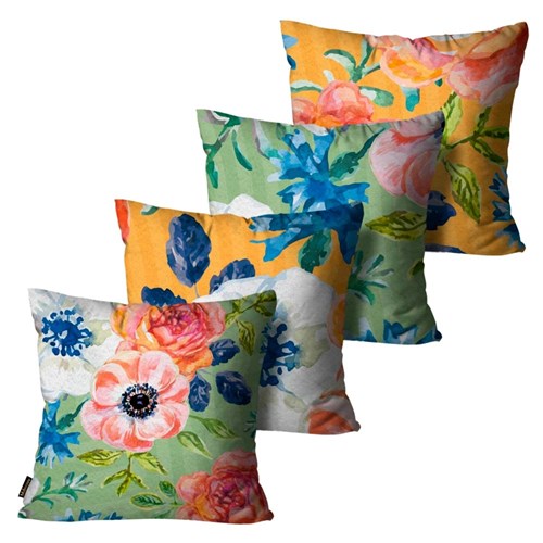 Kit com 4 Almofadas Premium Peluciada Mdecore Floral Colorido 45x45cm