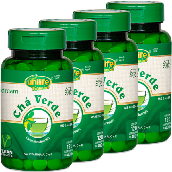 Kit com 4 Frascos de Chá Verde Comprimidos Biodream Unilife 120 Comprimidos 400mg