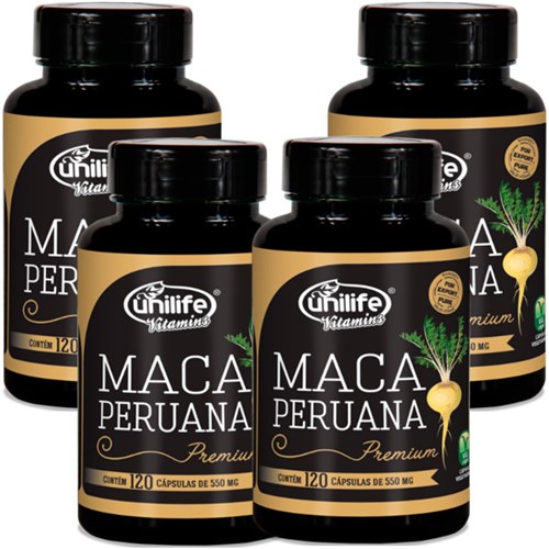 Kit com 4 Frascos de Maca Peruana Premium Pura Unilife 120 Capsulas 550Mg
