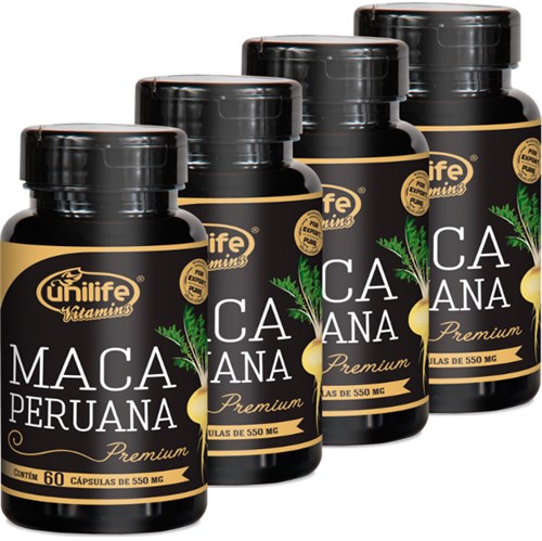 Kit com 4 Frascos de Maca Peruana Premium Pura Unilife 60 Capsulas 550mg