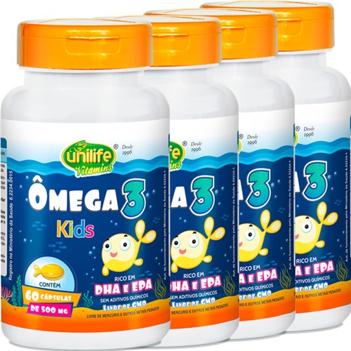 Kit com 4 Frascos de Omega 3 Kids 60 Cápsulas 500 Mg