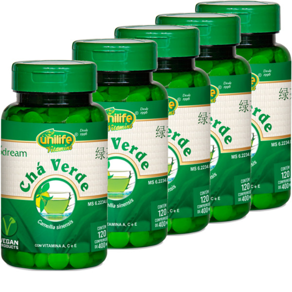 Kit com 5 Frascos de Chá Verde Comprimidos Biodream Unilife 120 Comprimidos 400mg